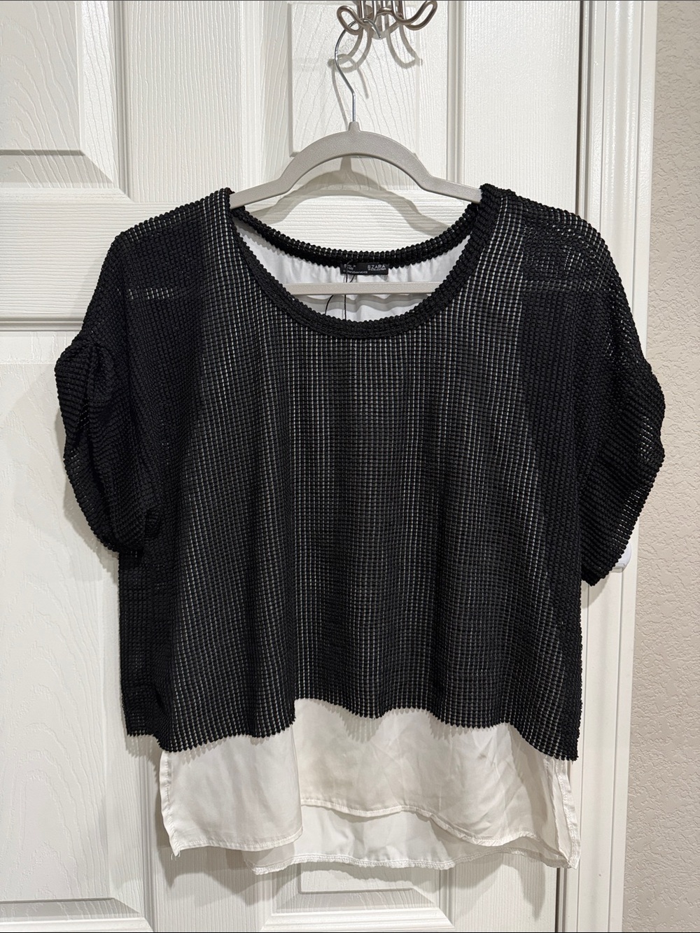 Zara Layered Black Knit Overlay Top with White Hem Medium
